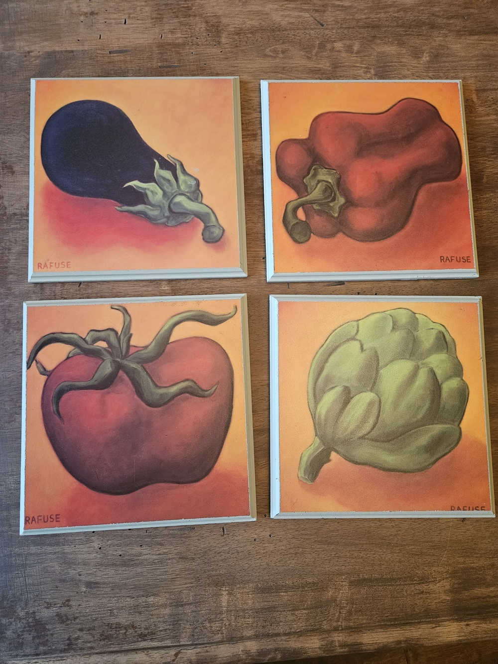 RAfUSE Vtg Home Art Vegetable Print 4 Piece Set - Orange Background 8x8 Eaxh